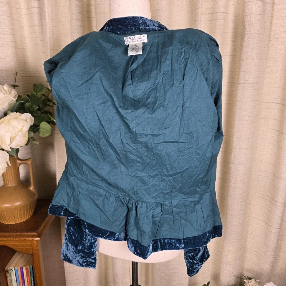Vintage Crushed Velvet Jacket Blazer SZ S Regency Whimsigoth  Teal Blue Cinched